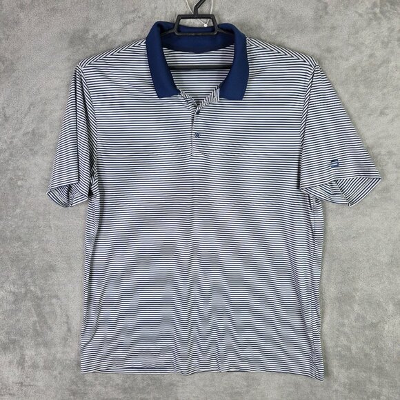 Mens Blue & White Striped Performance Polo Shirt Short Sleeve Polyester Size XL - Picture 2 of 7